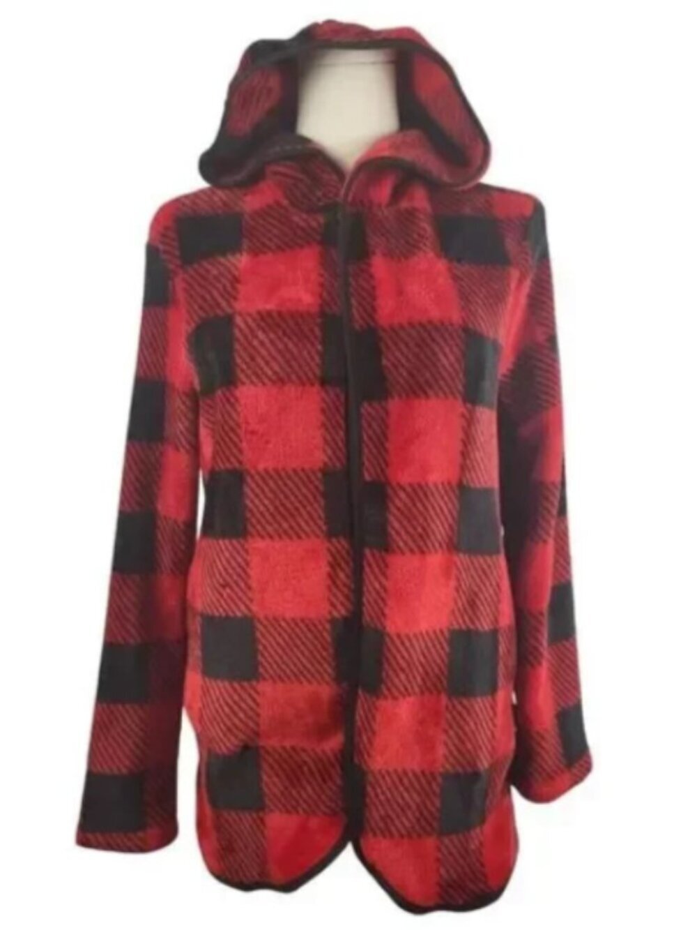 Knapp Studio Medium (est). Hooded Open Front Jacket Red Black Plaid Soft Cozy - Picture 2 of 8
